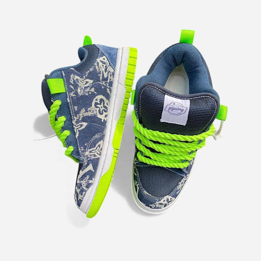 LuminoCraft™ NeonDenim Fusion Sneaker – Bold Patterned Street Platform Shoe